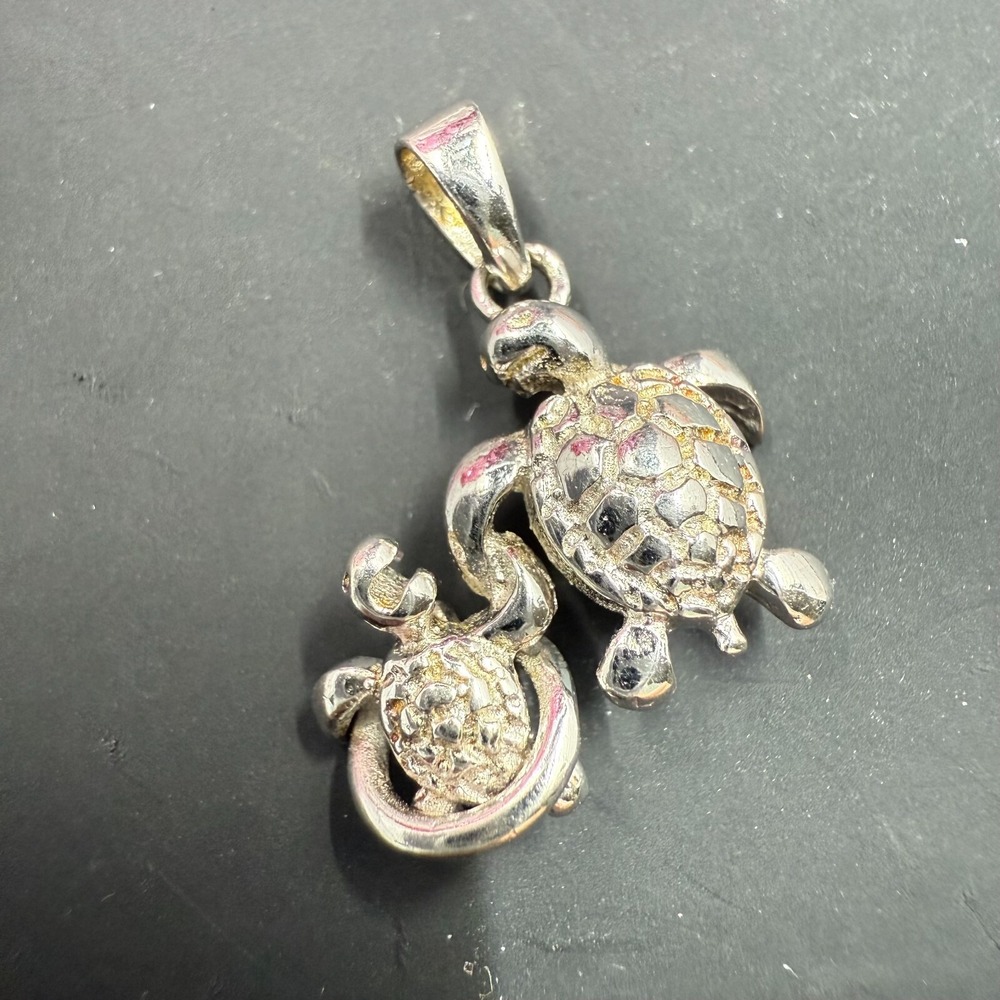 925 Sterling Silver Mother & Baby Sea Turtle‎ Pendant Charm .5" Ocean Jewelry